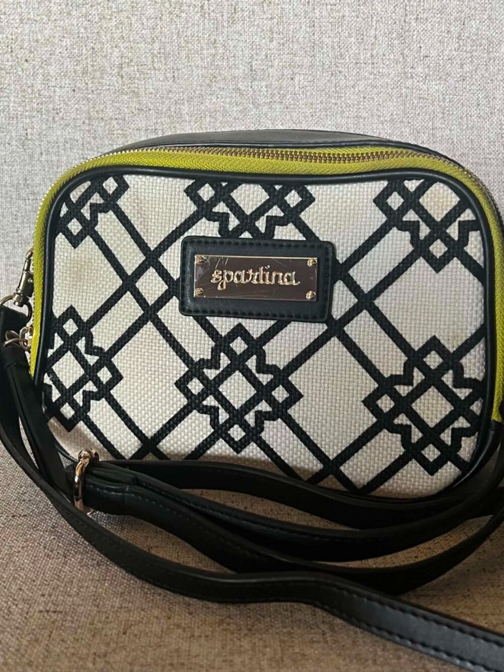 Spartina 449 Crossbody Bag "Seven Oaks" Pattern Woven Linen Black leather Trim